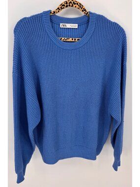 Zara Oversized Blue Heavy Knit Crewneck Sweater Womens Size L